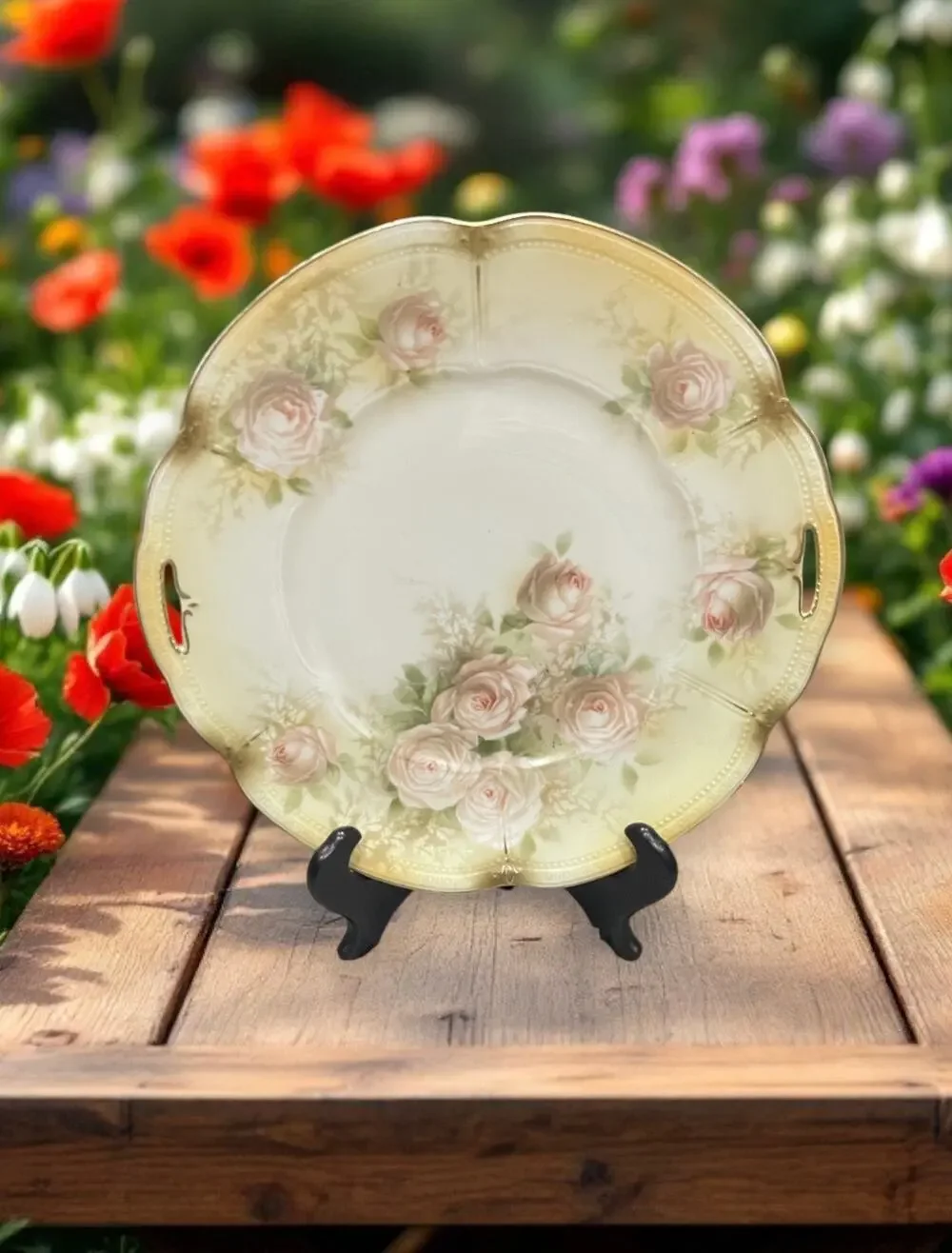 Antique German Porcelain Handled Dessert Cake Plate with Roses